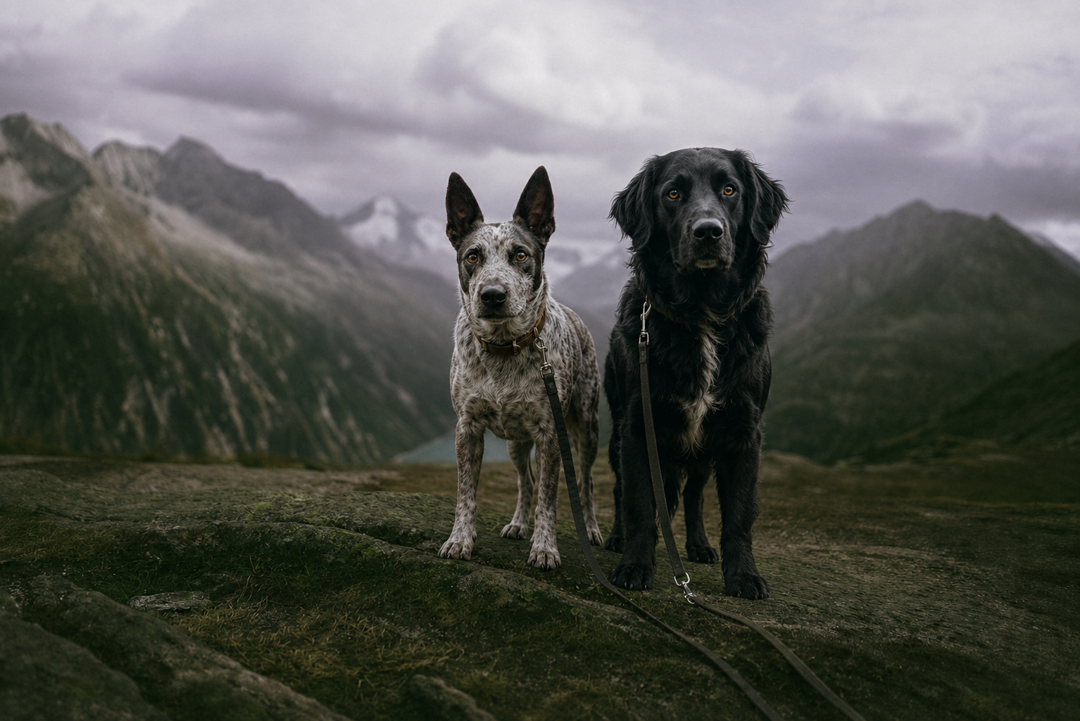 A black dog and a blue heeler standing together on a mountain trail.